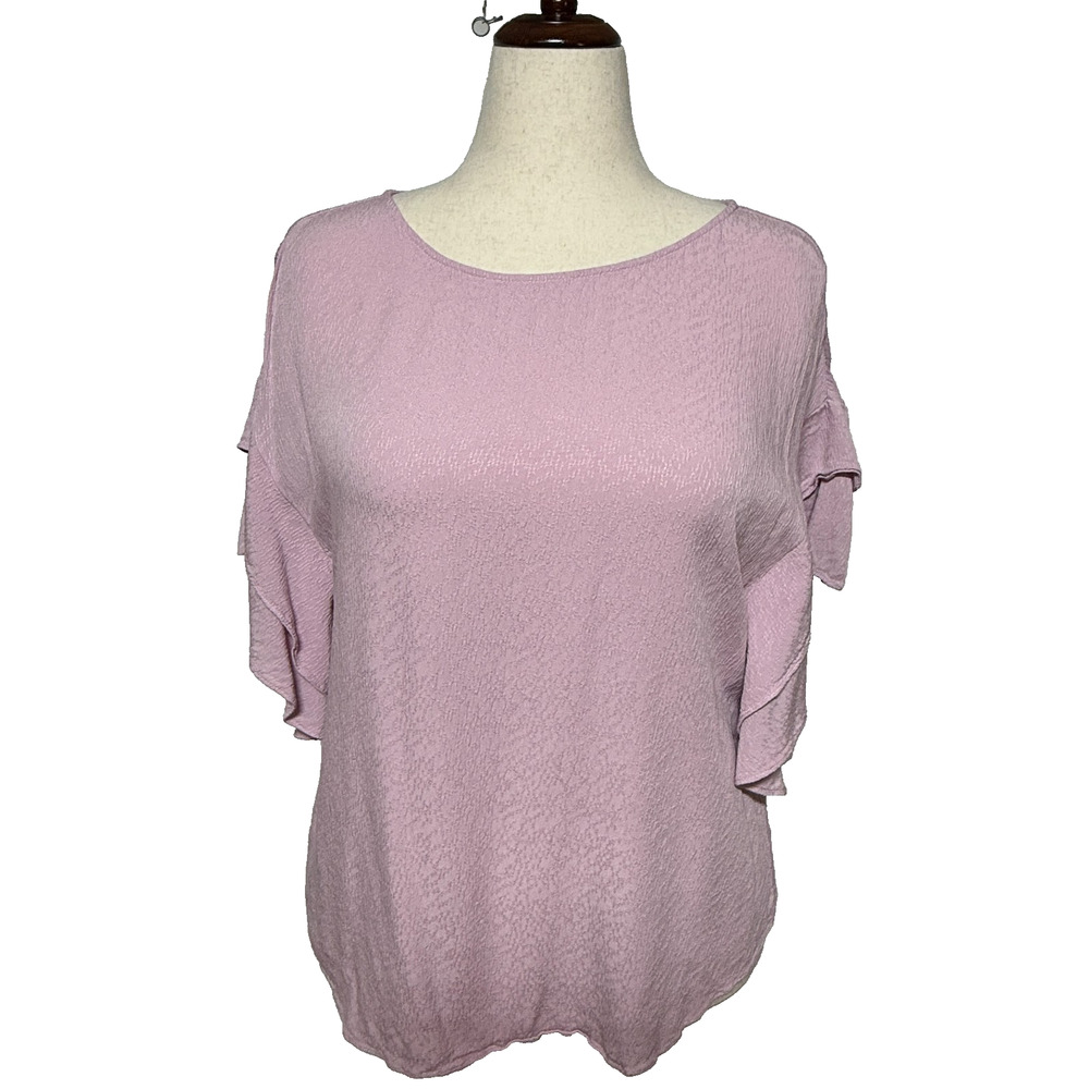 Chicos Top Womens Large 2 Purple Textured Ruffle Flutter Sleeve Rayon Career